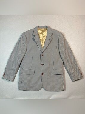 Orvis Gingham Check Blue Beige Blazer Jacket Sport Coat Mens 42R Cotton - Poly
